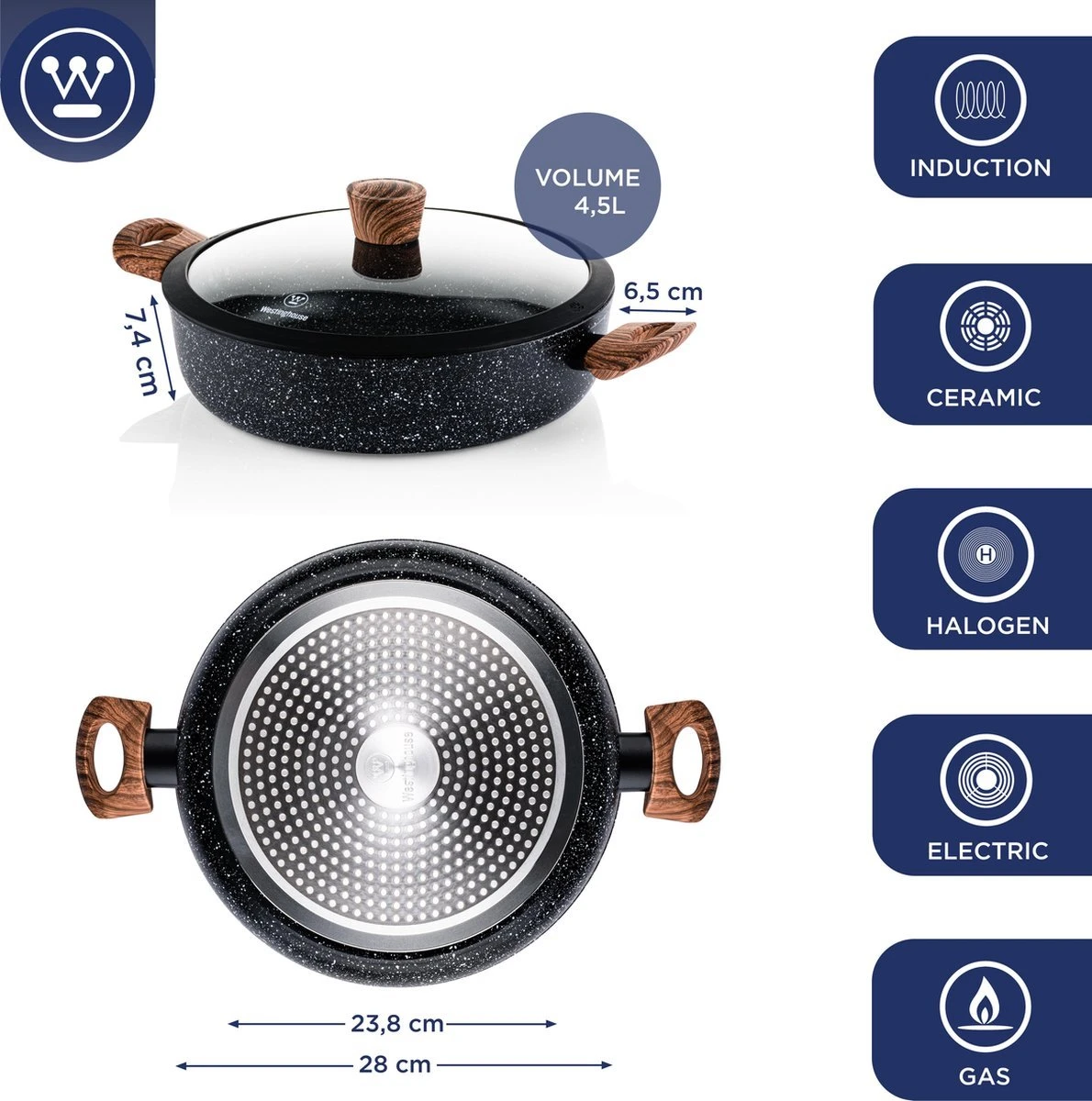 Westinghouse Pannenset Marble Wood (Wokpan ø 30 Cm + Braadpan + Hapjespan ø 28 Cm) - Inductie En Alle Andere Warmtebronnen 7 Westinghouse Pannenset Marble Wood (Wokpan ø 30 Cm + Braadpan + Hapjespan ø 28 Cm) - Inductie En Alle Andere Warmtebronnen - Afbeelding 5