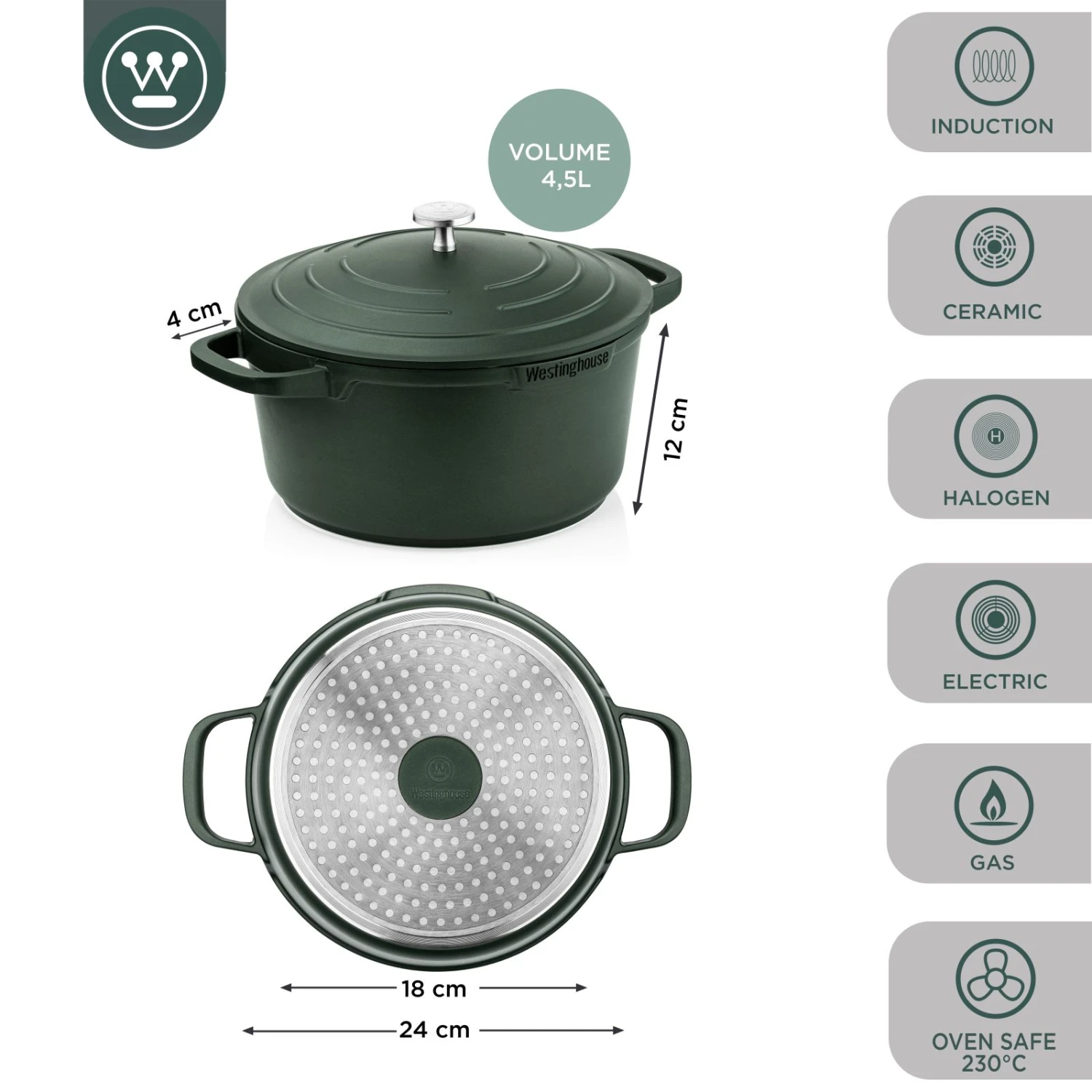 Westinghouse Braadpan Performance - Gracious Green - ø 24 Cm / 4.5 Liter 4 Westinghouse Braadpan Performance - Gracious Green - ø 24 Cm / 4.5 Liter - Afbeelding 2