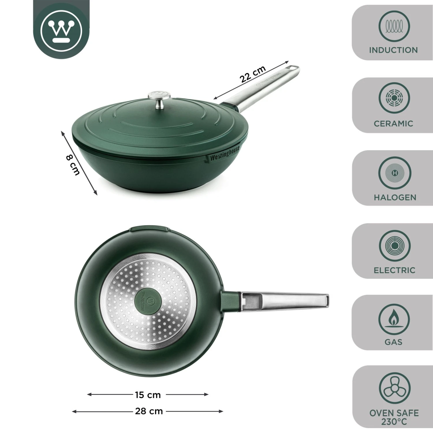 Westinghouse Wokpan Performance - Gracious Green - ø 28 Cm - Standaard Anti-aanbaklaag 3 Westinghouse Wokpan Performance - Gracious Green - ø 28 Cm - Standaard Anti-aanbaklaag - Afbeelding 2